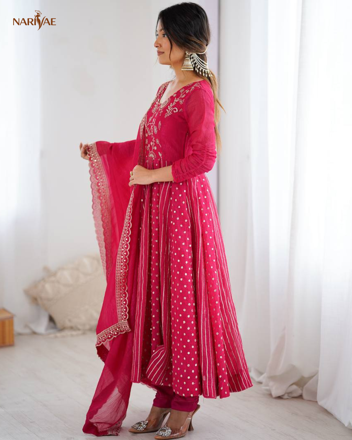 Anarkali Gown Set in Crunchy Silk with Embroidery Sequence Work | Flowy Flair with Pant & Dupatta | Fully Stitched Ready to Wear Ethnic Set for Women