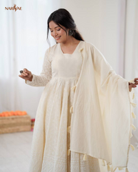 Anarkali Gown Set in Pure Kora Cotton with Schiffli Work | 3.7 Meter Flair with Bottom & Dupatta | Fully Stitched Ready to Wear Ethnic Set for Women