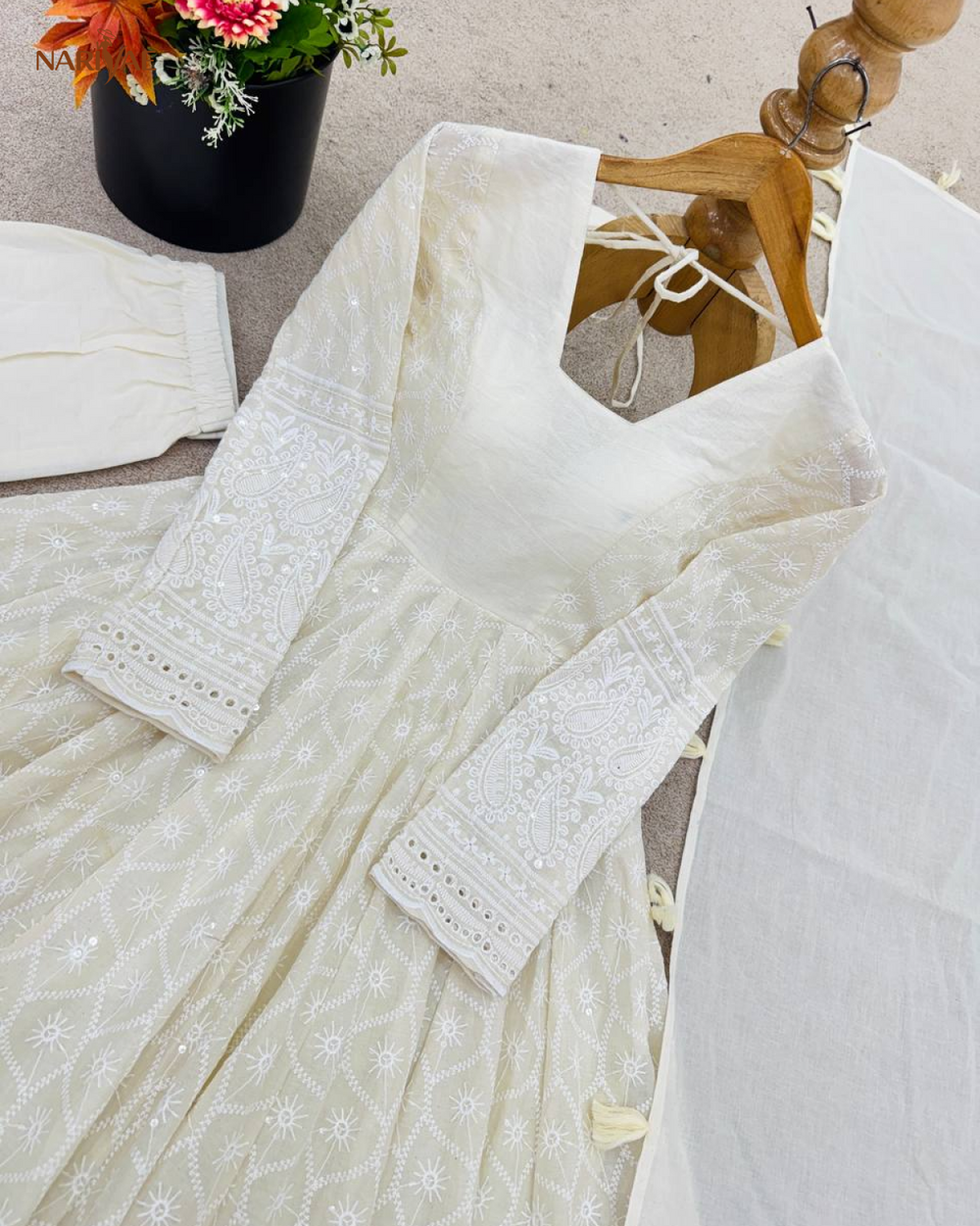 Anarkali Gown Set in Pure Kora Cotton with Schiffli Work | 3.7 Meter Flair with Bottom & Dupatta | Fully Stitched Ready to Wear Ethnic Set for Women