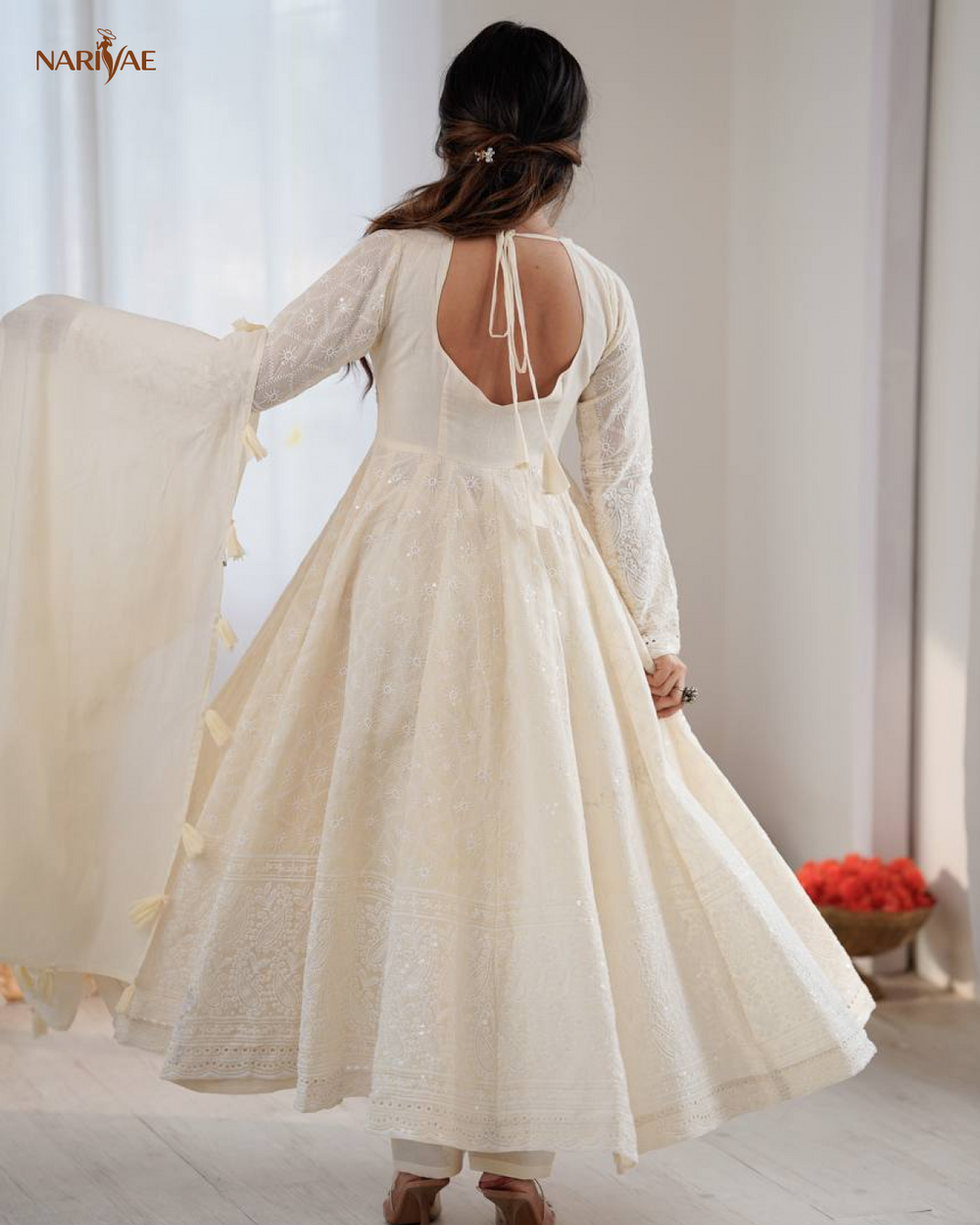 Anarkali Gown Set in Pure Kora Cotton with Schiffli Work | 3.7 Meter Flair with Bottom & Dupatta | Fully Stitched Ready to Wear Ethnic Set for Women