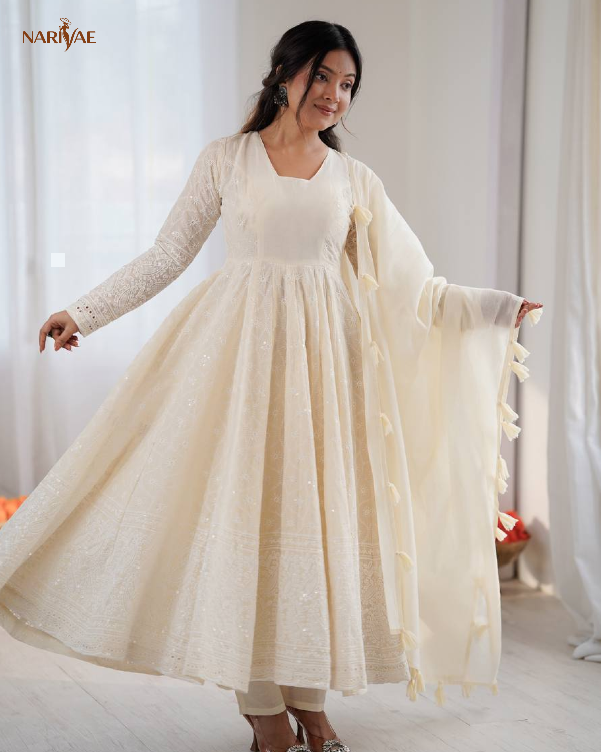 Anarkali Gown Set in Pure Kora Cotton with Schiffli Work | 3.7 Meter Flair with Bottom & Dupatta | Fully Stitched Ready to Wear Ethnic Set for Women