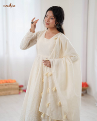 Anarkali Gown Set in Pure Kora Cotton with Schiffli Work | 3.7 Meter Flair with Bottom & Dupatta | Fully Stitched Ready to Wear Ethnic Set for Women
