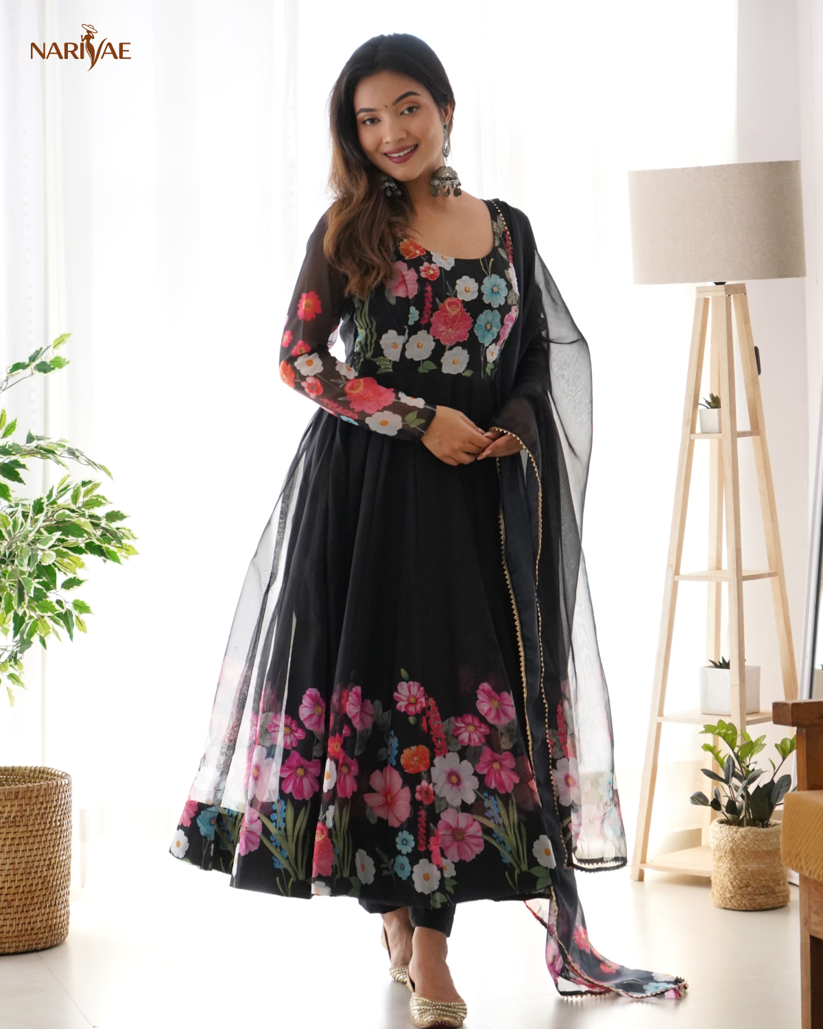 Anarkali Gown Set in Soft Organza Silk Print with Badla Zari Handwork | Kali Cut 4 Meter Flair with Pant & Dupatta | Fully Stitched Ready to Wear Ethnic Set for Women