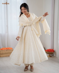 Anarkali Gown Set in Pure Kora Cotton with Schiffli Work | 3.7 Meter Flair with Bottom & Dupatta | Fully Stitched Ready to Wear Ethnic Set for Women