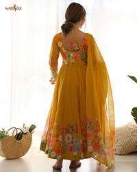 Anarkali Gown Set in Soft Organza Silk Print with Badla Zari Handwork | Kali Cut 4 Meter Flair with Pant & Dupatta | Fully Stitched Ready to Wear Ethnic Set for Women
