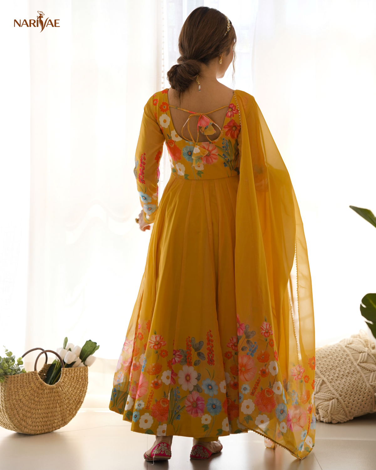 Anarkali Gown Set in Soft Organza Silk Print with Badla Zari Handwork | Kali Cut 4 Meter Flair with Pant & Dupatta | Fully Stitched Ready to Wear Ethnic Set for Women