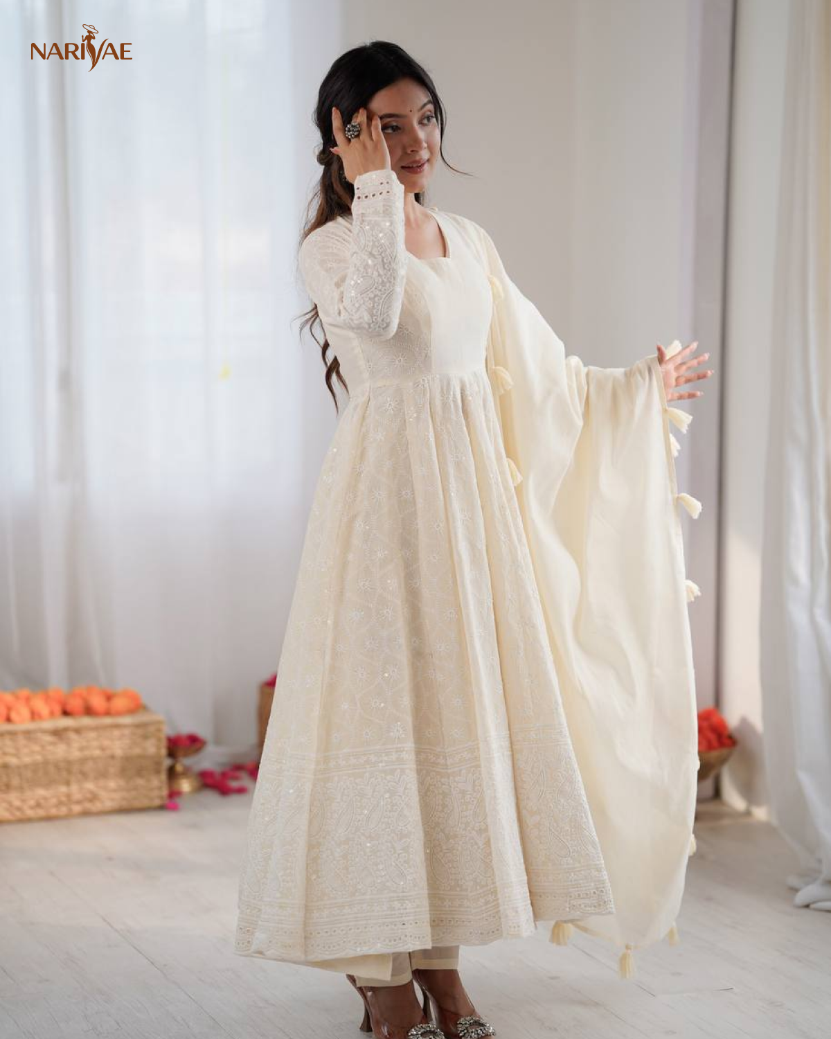 Anarkali Gown Set in Pure Kora Cotton with Schiffli Work | 3.7 Meter Flair with Bottom & Dupatta | Fully Stitched Ready to Wear Ethnic Set for Women
