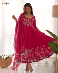 Anarkali Gown Set in Soft Organza Silk Print with Badla Zari Handwork | Kali Cut 4 Meter Flair with Pant & Dupatta | Fully Stitched Ready to Wear Ethnic Set for Women