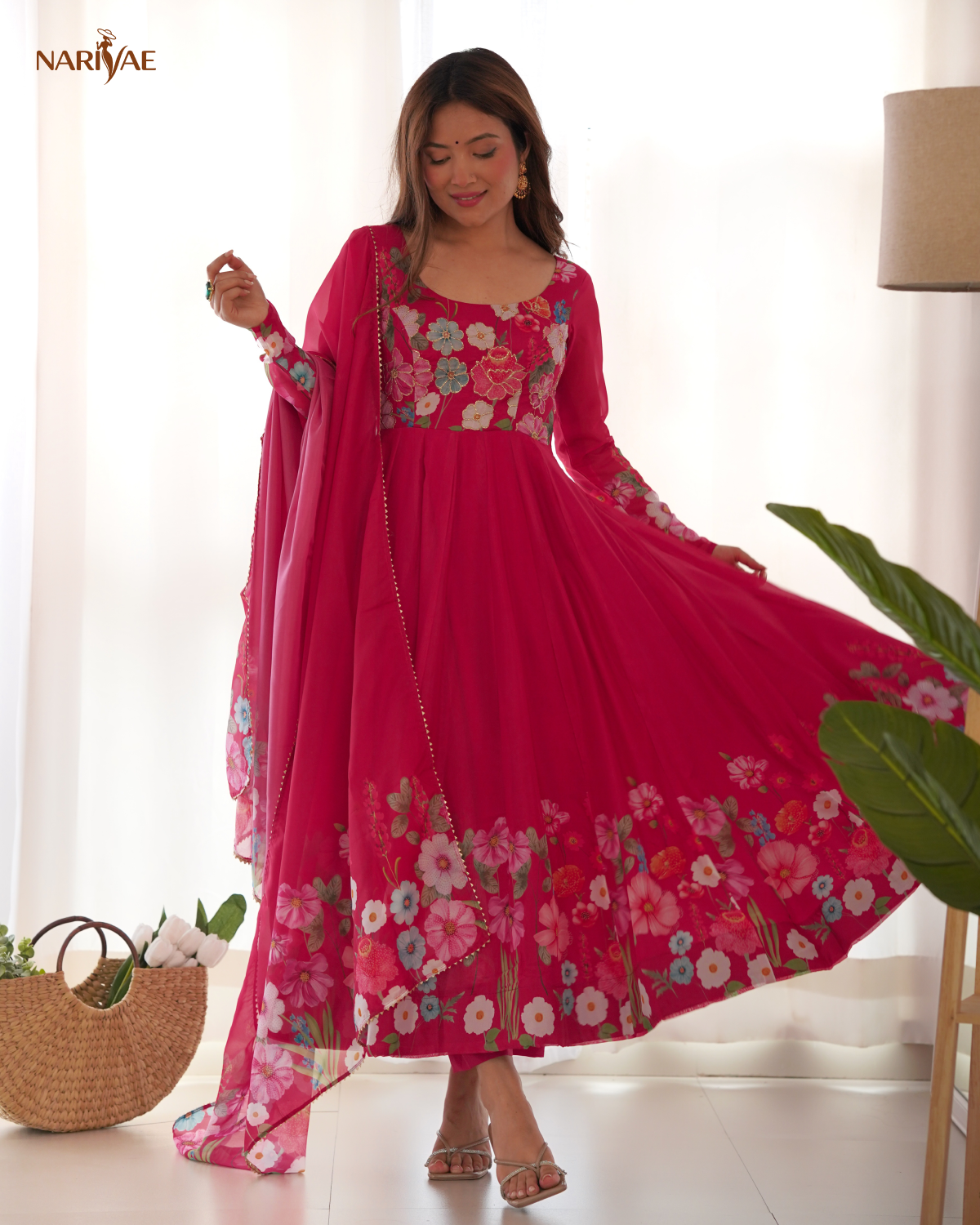 Anarkali Gown Set in Soft Organza Silk Print with Badla Zari Handwork | Kali Cut 4 Meter Flair with Pant & Dupatta | Fully Stitched Ready to Wear Ethnic Set for Women