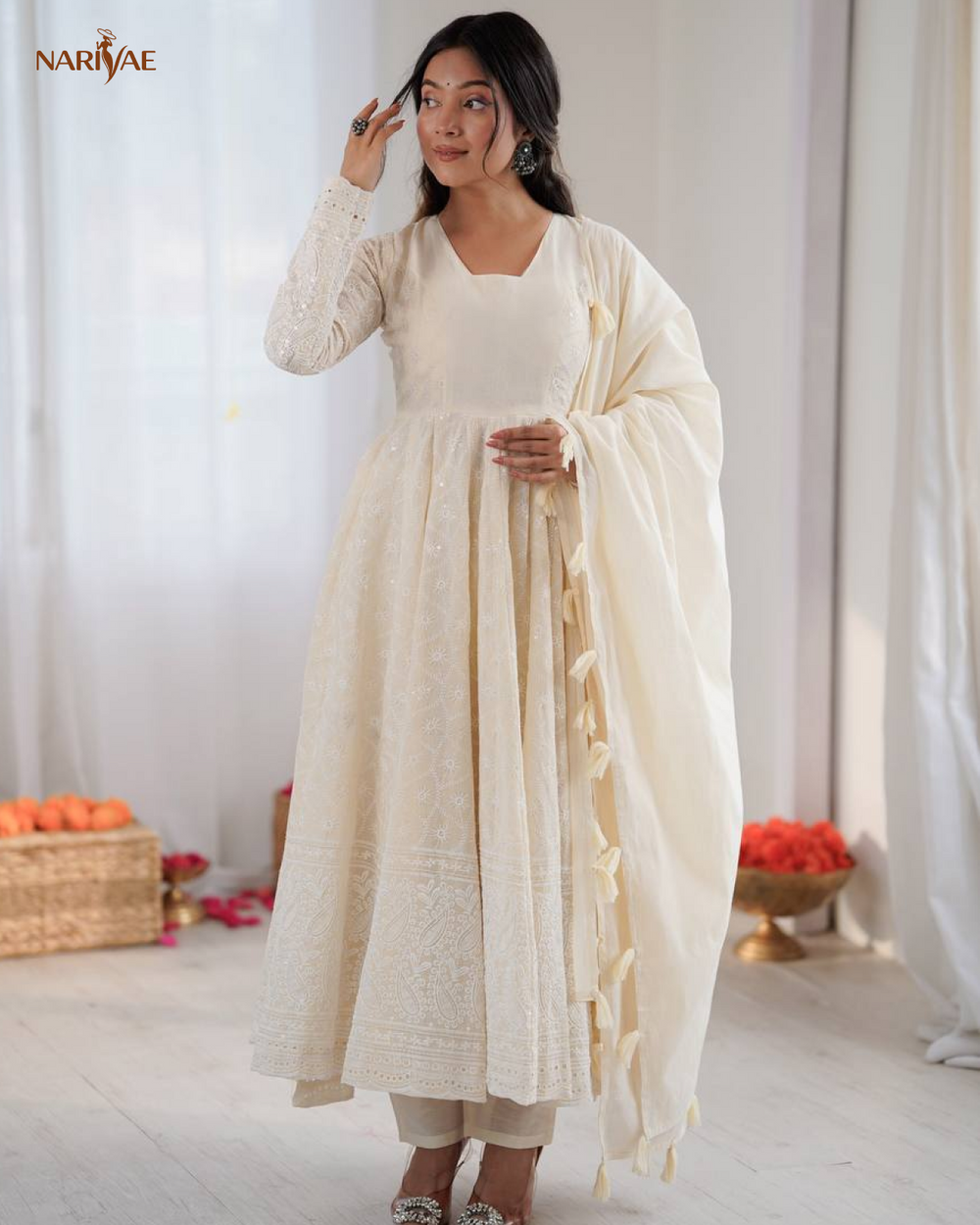 Anarkali Gown Set in Pure Kora Cotton with Schiffli Work | 3.7 Meter Flair with Bottom & Dupatta | Fully Stitched Ready to Wear Ethnic Set for Women
