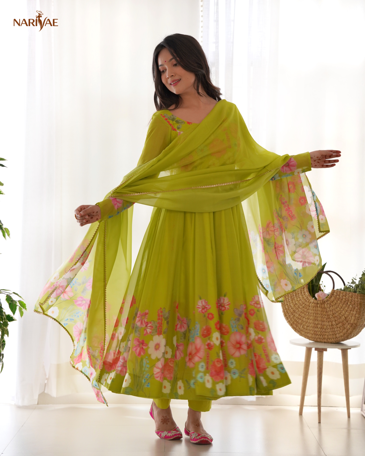 Anarkali Gown Set in Soft Organza Silk Print with Badla Zari Handwork | Kali Cut 4 Meter Flair with Pant & Dupatta | Fully Stitched Ready to Wear Ethnic Set for Women