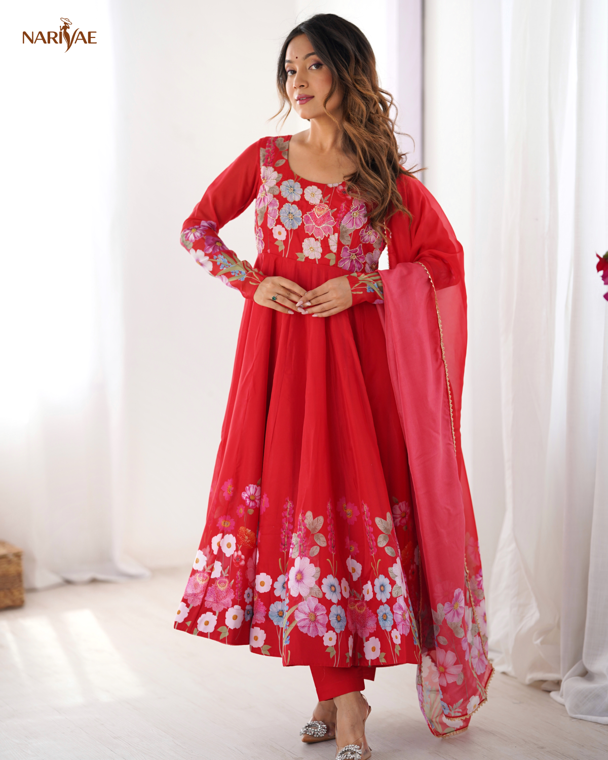 Anarkali Gown Set in Soft Organza Silk Print with Badla Zari Handwork | Kali Cut 4 Meter Flair with Pant & Dupatta | Fully Stitched Ready to Wear Ethnic Set for Women
