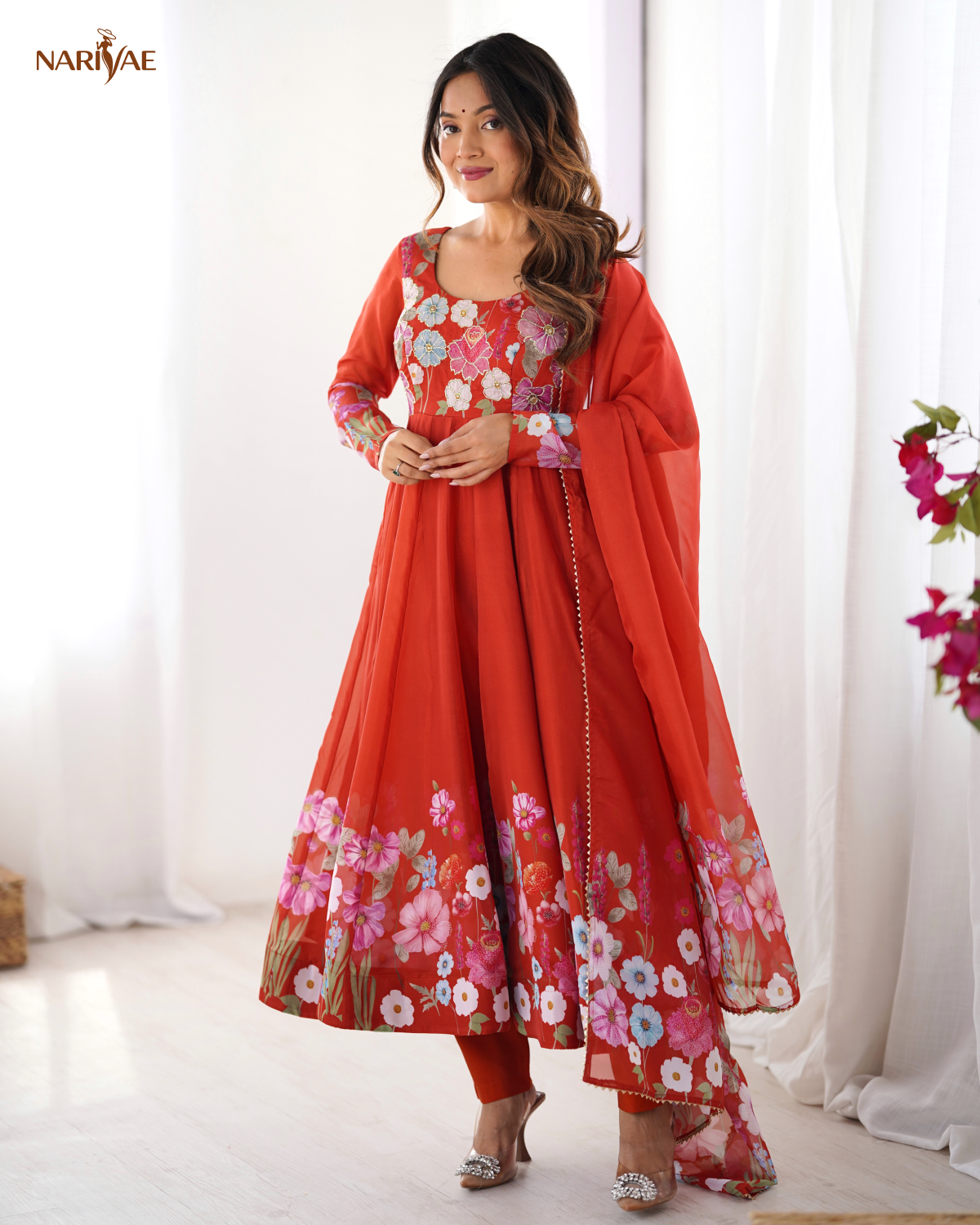 Anarkali Gown Set in Soft Organza Silk Print with Badla Zari Handwork | Kali Cut 4 Meter Flair with Pant & Dupatta | Fully Stitched Ready to Wear Ethnic Set for Women