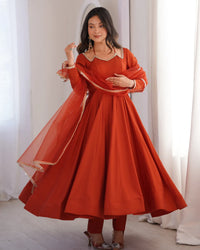 Roman Silk Chanderi Anarkali Suit Set with Dupatta & Pant | Heavy Flared Ethnic Wear for Women | Ready to Wear