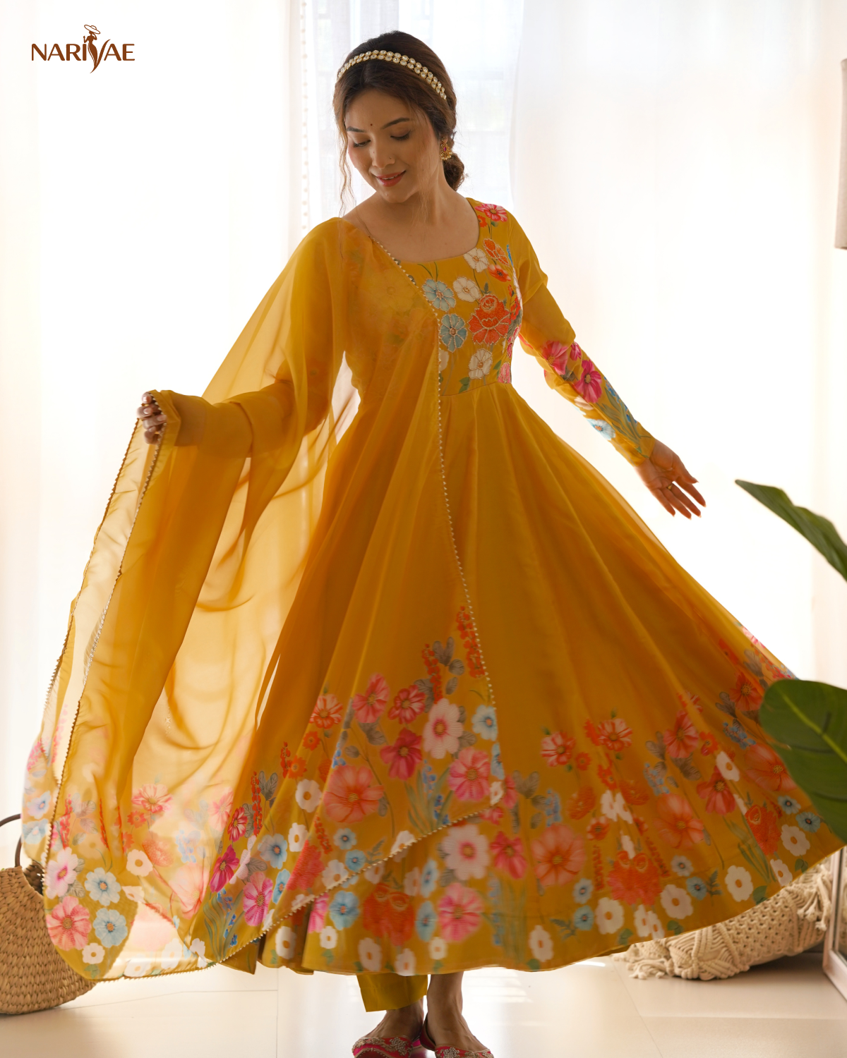 Anarkali Gown Set in Soft Organza Silk Print with Badla Zari Handwork | Kali Cut 4 Meter Flair with Pant & Dupatta | Fully Stitched Ready to Wear Ethnic Set for Women