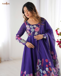 Anarkali Gown Set in Soft Organza Silk Print with Badla Zari Handwork | Kali Cut 4 Meter Flair with Pant & Dupatta | Fully Stitched Ready to Wear Ethnic Set for Women