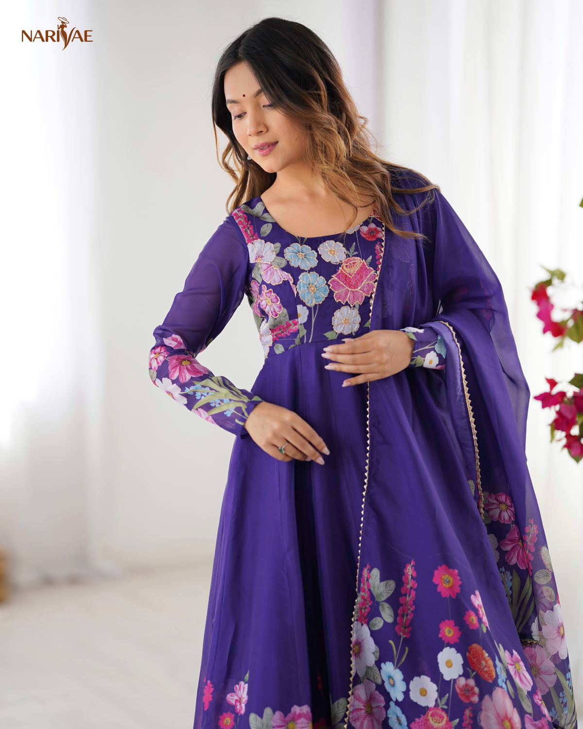 Anarkali Gown Set in Soft Organza Silk Print with Badla Zari Handwork | Kali Cut 4 Meter Flair with Pant & Dupatta | Fully Stitched Ready to Wear Ethnic Set for Women