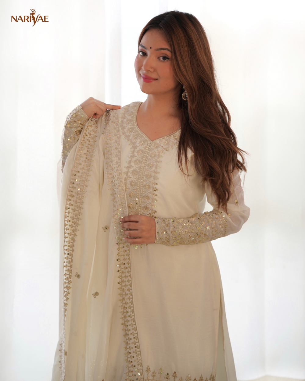 Straight Fit Kurta Set in Pure Chinon Silk with Sequence & Zari Work | Trouser & Dupatta | Fully Stitched Ready to Wear Ethnic Set for Women