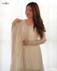 Straight Fit Kurta Set in Pure Chinon Silk with Sequence & Zari Work | Trouser & Dupatta | Fully Stitched Ready to Wear Ethnic Set for Women