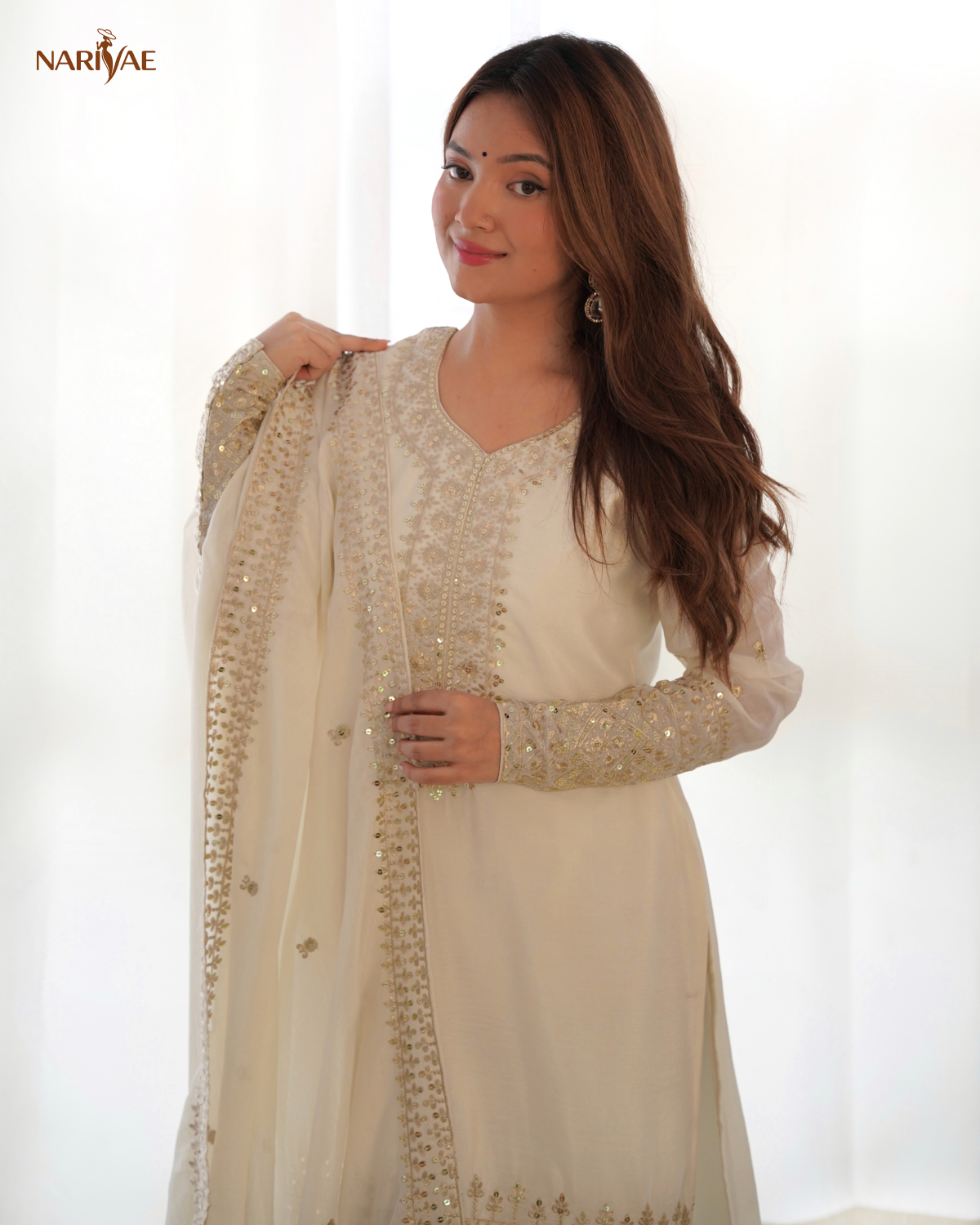 Straight Fit Kurta Set in Pure Chinon Silk with Sequence & Zari Work | Trouser & Dupatta | Fully Stitched Ready to Wear Ethnic Set for Women