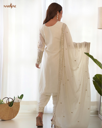 Straight Fit Kurta Set in Pure Chinon Silk with Sequence & Zari Work | Trouser & Dupatta | Fully Stitched Ready to Wear Ethnic Set for Women