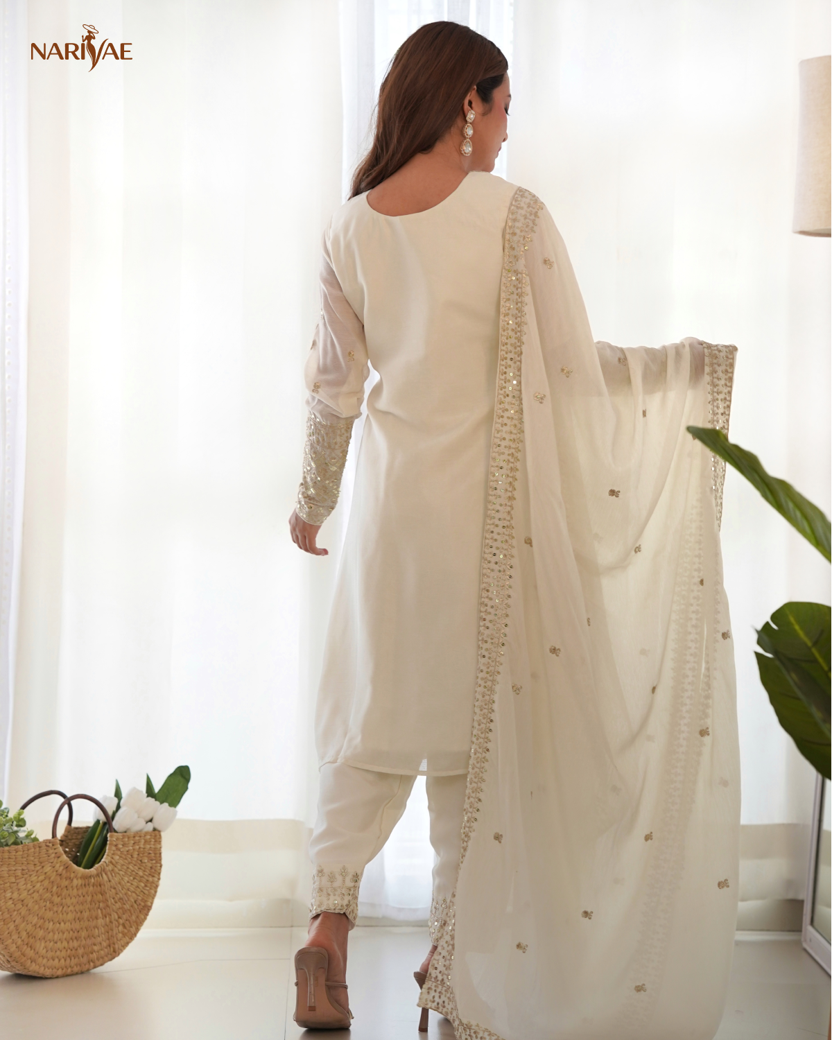 Straight Fit Kurta Set in Pure Chinon Silk with Sequence & Zari Work | Trouser & Dupatta | Fully Stitched Ready to Wear Ethnic Set for Women