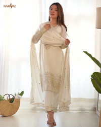 Straight Fit Kurta Set in Pure Chinon Silk with Sequence & Zari Work | Trouser & Dupatta | Fully Stitched Ready to Wear Ethnic Set for Women