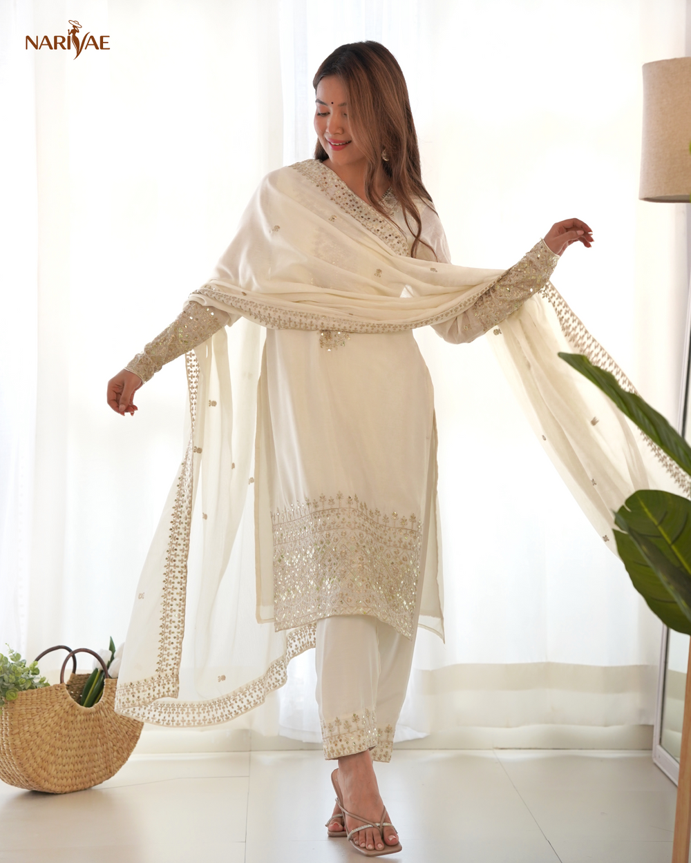 Straight Fit Kurta Set in Pure Chinon Silk with Sequence & Zari Work | Trouser & Dupatta | Fully Stitched Ready to Wear Ethnic Set for Women