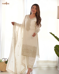Straight Fit Kurta Set in Pure Chinon Silk with Sequence & Zari Work | Trouser & Dupatta | Fully Stitched Ready to Wear Ethnic Set for Women
