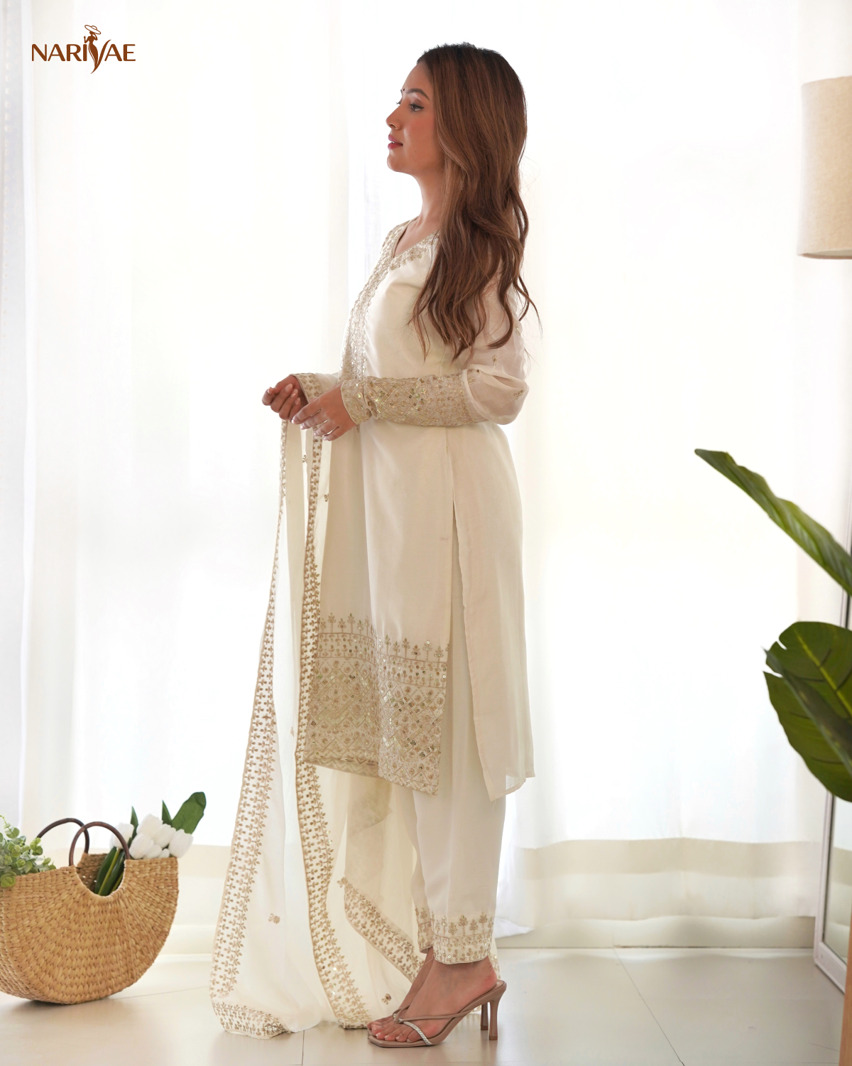 Straight Fit Kurta Set in Pure Chinon Silk with Sequence & Zari Work | Trouser & Dupatta | Fully Stitched Ready to Wear Ethnic Set for Women