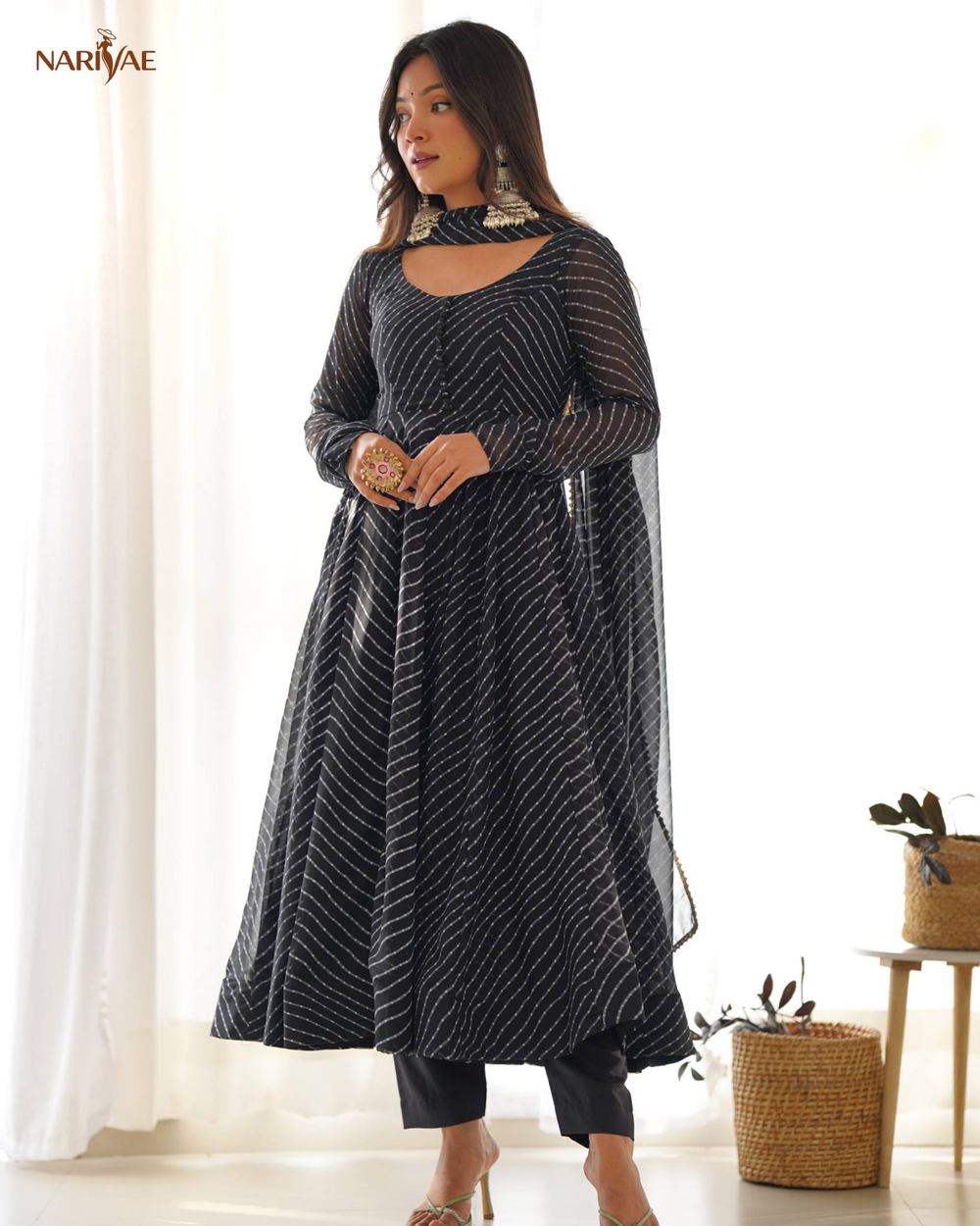 Laheriya Print Anarkali Gown Set in Pure Fox Georgette | 4 Meter Flair with Pant & Shawl Style Dupatta | Fully Stitched Ready to Wear Ethnic Set for Women