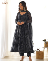 Laheriya Print Anarkali Gown Set in Pure Fox Georgette | 4 Meter Flair with Pant & Shawl Style Dupatta | Fully Stitched Ready to Wear Ethnic Set for Women