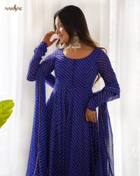 Laheriya Print Anarkali Gown Set in Pure Fox Georgette | 4 Meter Flair with Pant & Shawl Style Dupatta | Fully Stitched Ready to Wear Ethnic Set for Women