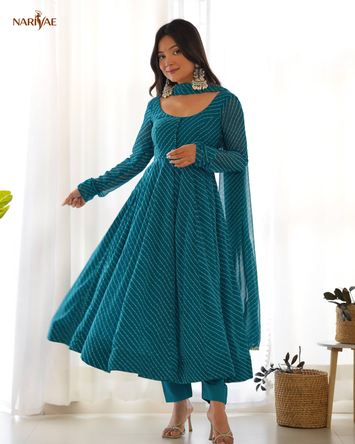 Laheriya Print Anarkali Gown Set in Pure Fox Georgette | 4 Meter Flair with Pant & Shawl Style Dupatta | Fully Stitched Ready to Wear Ethnic Set for Women
