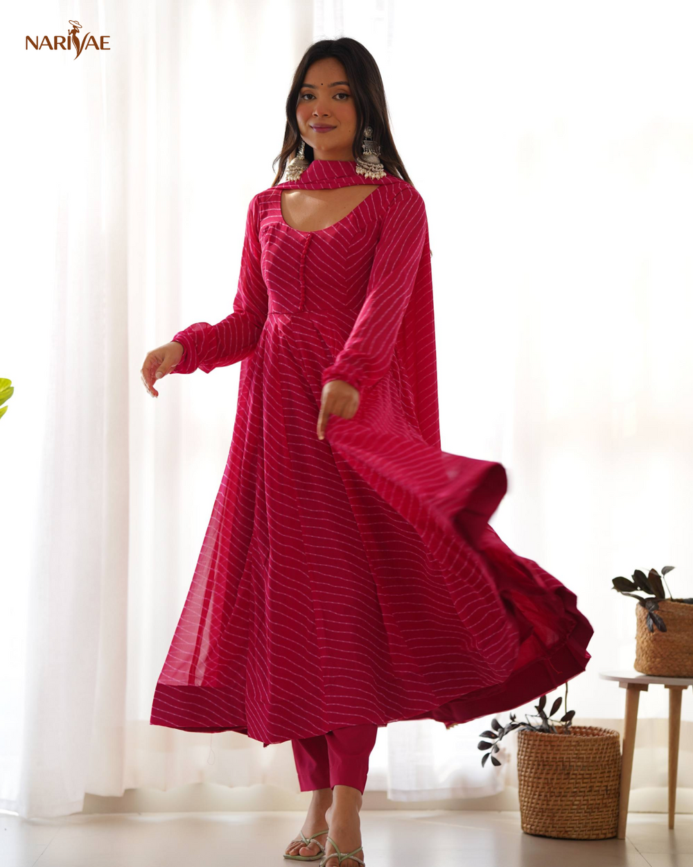 Laheriya Print Anarkali Gown Set in Pure Fox Georgette | 4 Meter Flair with Pant & Shawl Style Dupatta | Fully Stitched Ready to Wear Ethnic Set for Women