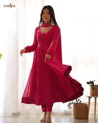 Laheriya Print Anarkali Gown Set in Pure Fox Georgette | 4 Meter Flair with Pant & Shawl Style Dupatta | Fully Stitched Ready to Wear Ethnic Set for Women
