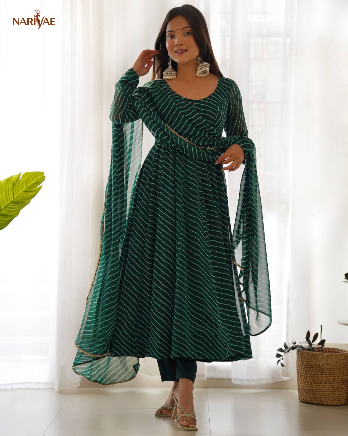Laheriya Print Anarkali Gown Set in Pure Fox Georgette | 4 Meter Flair with Pant & Shawl Style Dupatta | Fully Stitched Ready to Wear Ethnic Set for Women