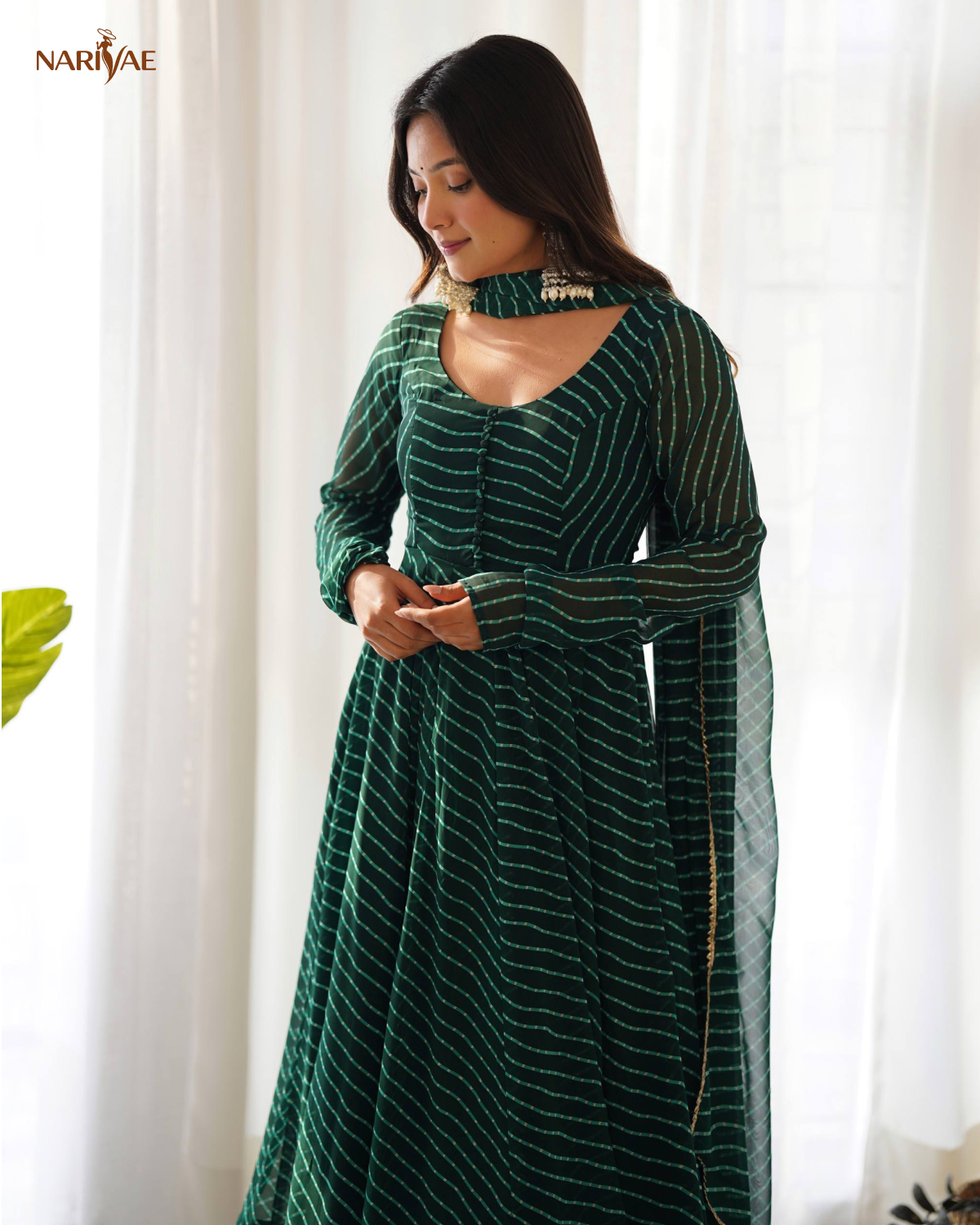 Laheriya Print Anarkali Gown Set in Pure Fox Georgette | 4 Meter Flair with Pant & Shawl Style Dupatta | Fully Stitched Ready to Wear Ethnic Set for Women