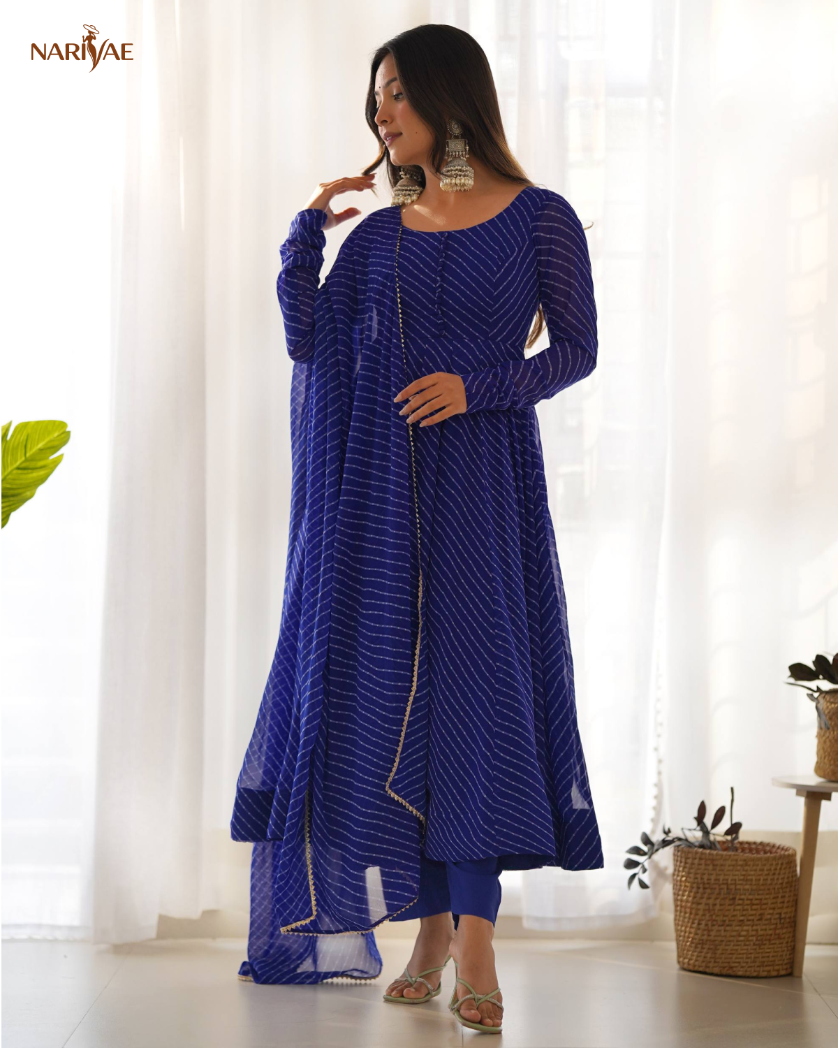 Laheriya Print Anarkali Gown Set in Pure Fox Georgette | 4 Meter Flair with Pant & Shawl Style Dupatta | Fully Stitched Ready to Wear Ethnic Set for Women