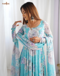 Floral Print Anarkali Gown Set in Fox Georgette | 7 Meter Plus Flair with Shawl Style Dupatta | Fully Stitched Ready to Wear Ethnic Set for Women