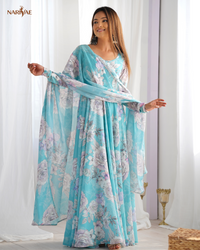 Floral Print Anarkali Gown Set in Fox Georgette | 7 Meter Plus Flair with Shawl Style Dupatta | Fully Stitched Ready to Wear Ethnic Set for Women