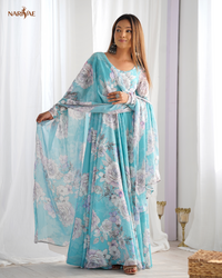 Floral Print Anarkali Gown Set in Fox Georgette | 7 Meter Plus Flair with Shawl Style Dupatta | Fully Stitched Ready to Wear Ethnic Set for Women