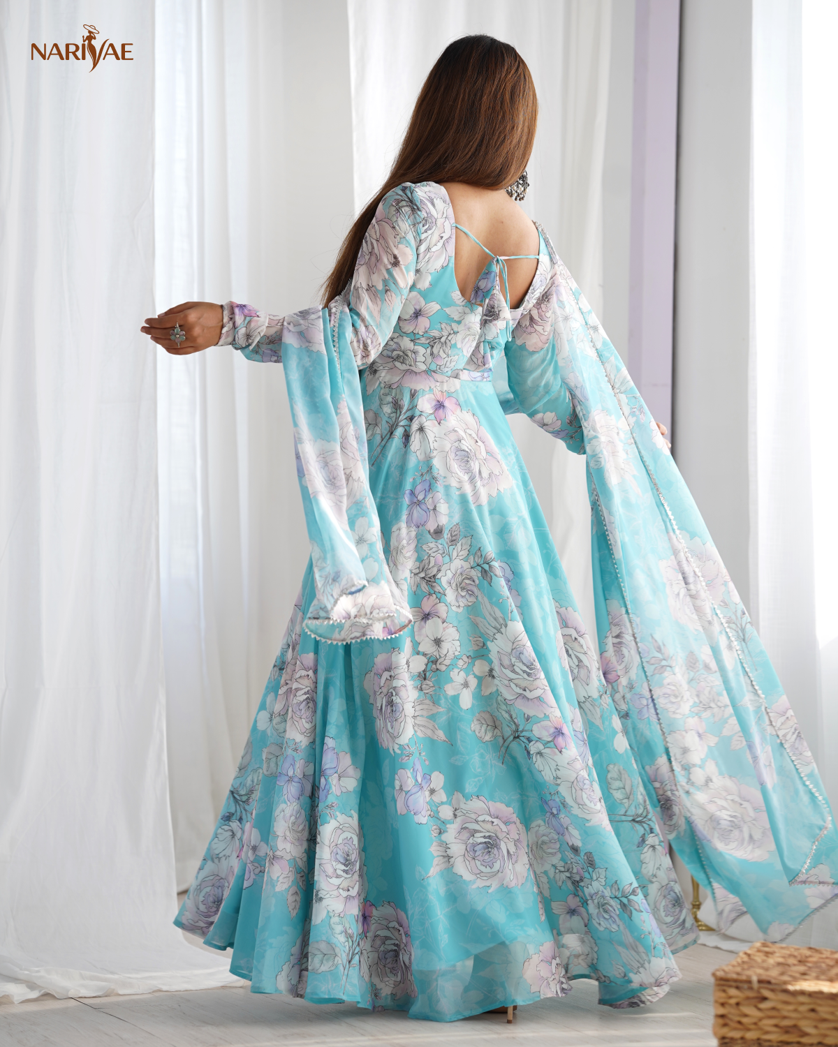 Floral Print Anarkali Gown Set in Fox Georgette | 7 Meter Plus Flair with Shawl Style Dupatta | Fully Stitched Ready to Wear Ethnic Set for Women