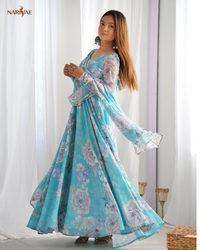 Floral Print Anarkali Gown Set in Fox Georgette | 7 Meter Plus Flair with Shawl Style Dupatta | Fully Stitched Ready to Wear Ethnic Set for Women