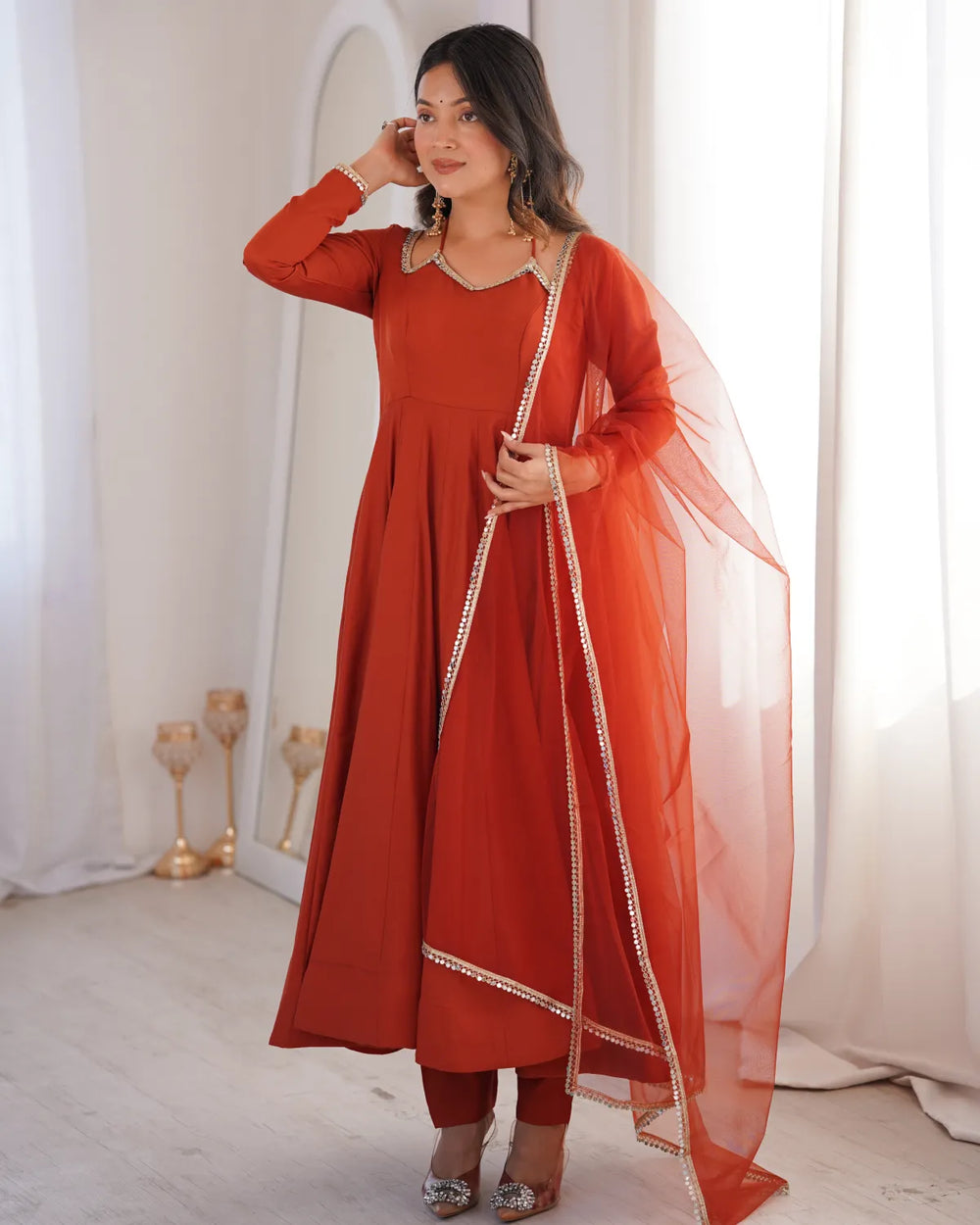 Roman Silk Chanderi Anarkali Suit Set with Dupatta & Pant | Heavy Flared Ethnic Wear for Women | Ready to Wear