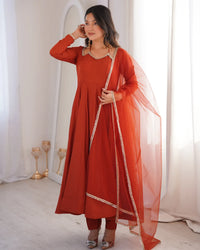 Roman Silk Chanderi Anarkali Suit Set with Dupatta & Pant | Heavy Flared Ethnic Wear for Women | Ready to Wear