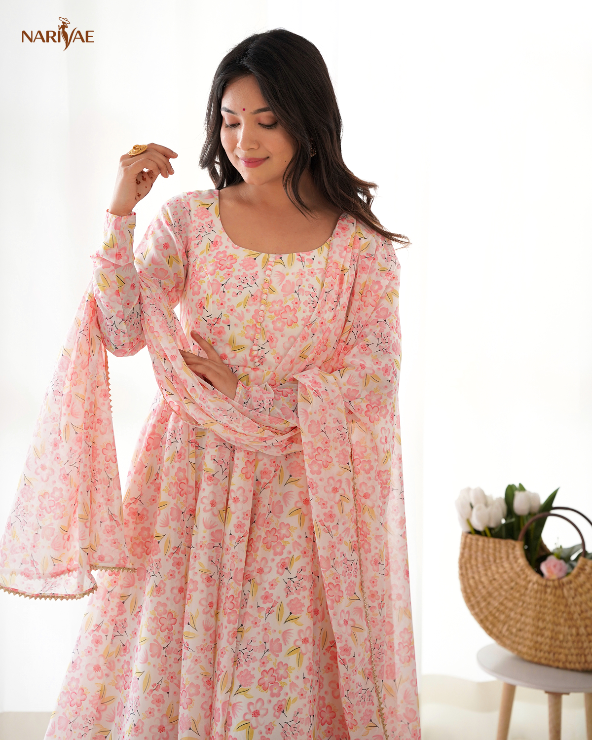 Floral Print Anarkali Gown Set in Orange Chiffon | 4 Meter Full Flair with Pant & Shawl Style Dupatta | Fully Stitched Ready to Wear Ethnic Set for Women