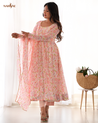 Floral Print Anarkali Gown Set in Orange Chiffon | 4 Meter Full Flair with Pant & Shawl Style Dupatta | Fully Stitched Ready to Wear Ethnic Set for Women