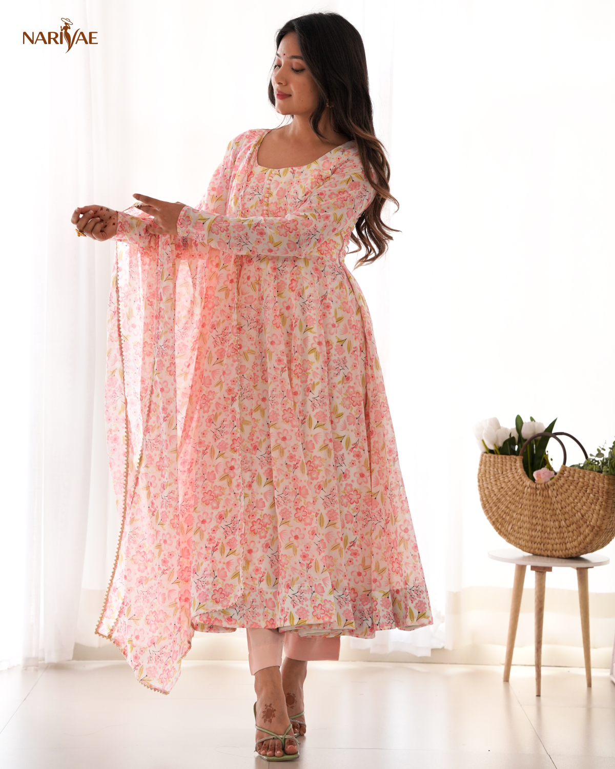 Floral Print Anarkali Gown Set in Orange Chiffon | 4 Meter Full Flair with Pant & Shawl Style Dupatta | Fully Stitched Ready to Wear Ethnic Set for Women