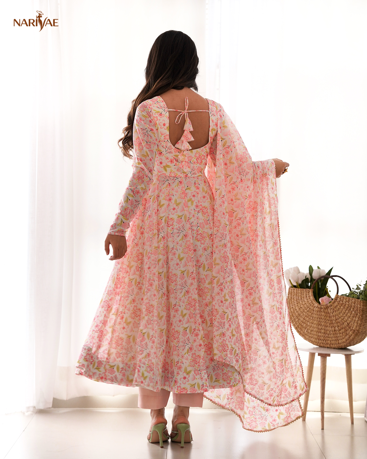 Floral Print Anarkali Gown Set in Orange Chiffon | 4 Meter Full Flair with Pant & Shawl Style Dupatta | Fully Stitched Ready to Wear Ethnic Set for Women